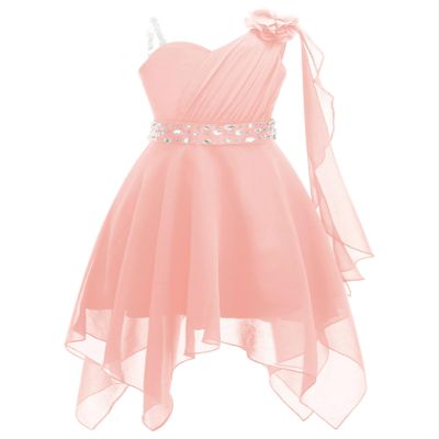 Hularka Kids Girls One Shoulder Chiffon Wedding Party Dress Sleeveless Flower Girl High-Low Dress Proms Ball Gown Pink 12 Years