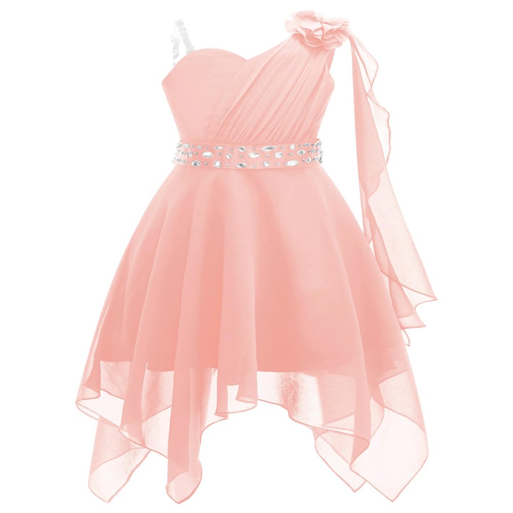 Hularka Kids Girls One Shoulder Chiffon Wedding Party Dress Sleeveless Flower Girl High-Low Dress Proms Ball Gown Pink 12 Years