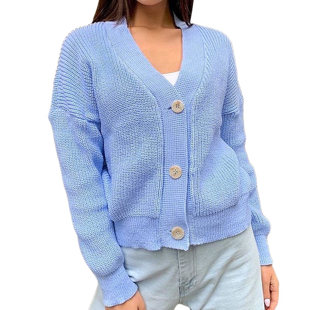 JEsilunmaMY Women's Button Cardigan Sweater Long Sleeve V Neck Open Front Loose Outwear Solid Color Cropped Knit Sweaters (Blue,Large)