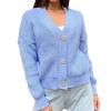 JEsilunmaMY Women's Button Cardigan Sweater Long Sleeve V Neck Open Front Loose Outwear Solid Color Cropped Knit Sweaters (Blue,Large) view 1