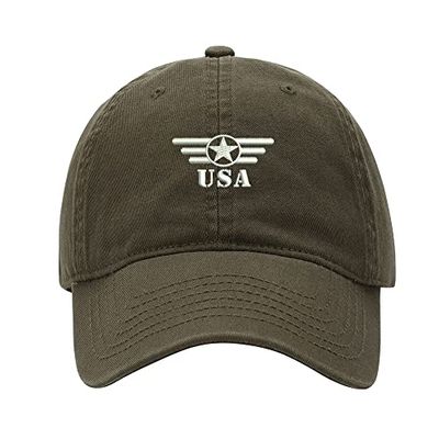 Baseball Cap Men Army Star and Bars Embroidered Washed Cotton Dad Hat Baseball Caps (Green,7 5/8)