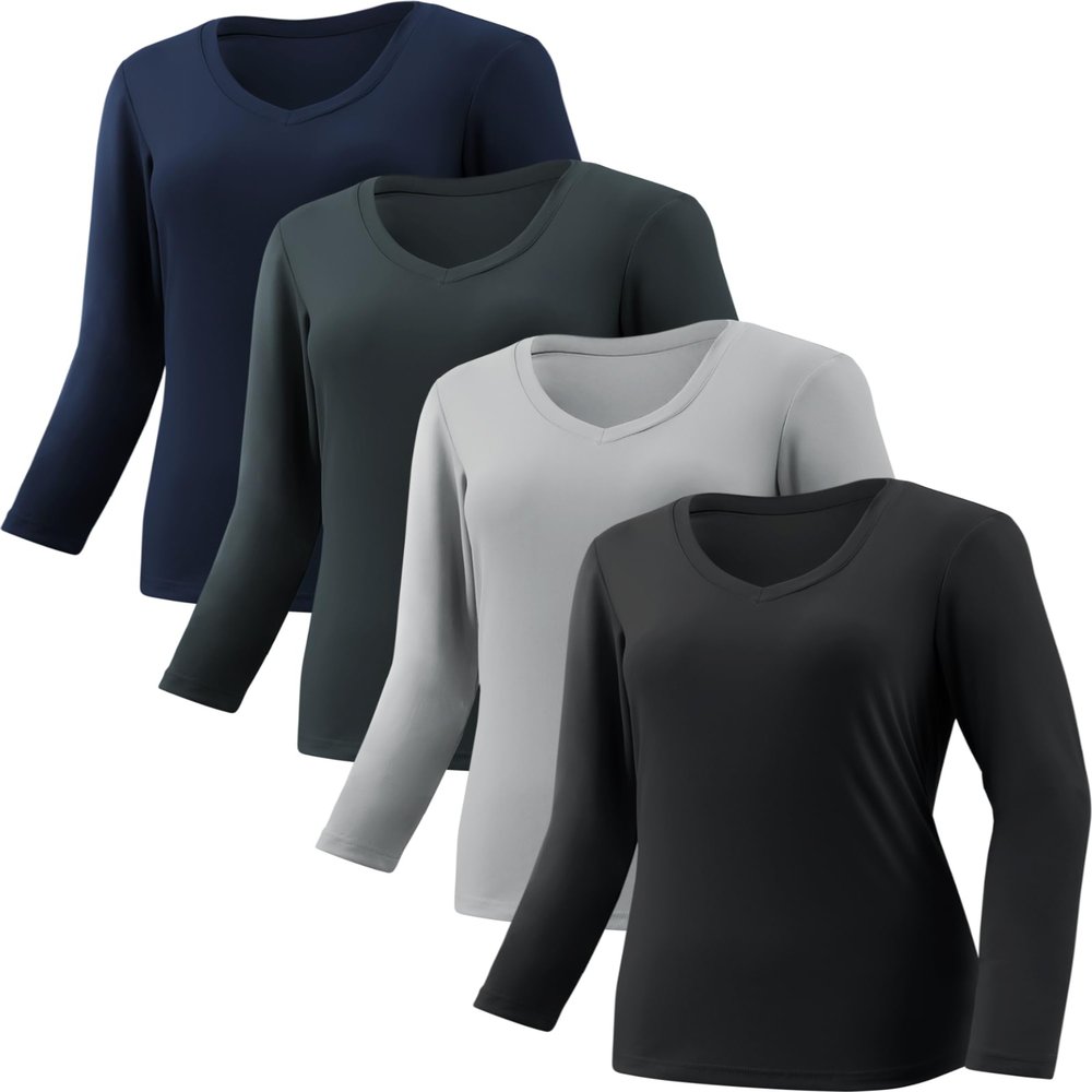 BVNSOZ 4-7 Pack Long Sleeve Shirts for Women,Moisture Wicking Shirts Long Sleeve Workout Tops for Women V Neck Hiking T-Shirts, Black, Light Grey, Dark Grey, Navy Blue, XL