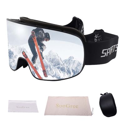 SooGree Ski Goggles,OTG Snowboard Glasses,Anti-fog Snow Sports Goggles for Men Women & Youth Polarized Winter Skiing Goggles (20518 black frame white mercury lens)
