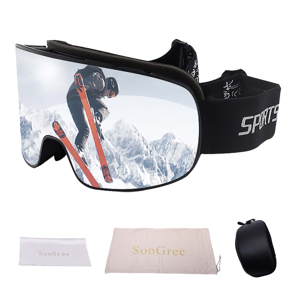SooGree Ski Goggles,OTG Snowboard Glasses,Anti-fog Snow Sports Goggles for Men Women & Youth Polarized Winter Skiing Goggles (20518 black frame white mercury lens)