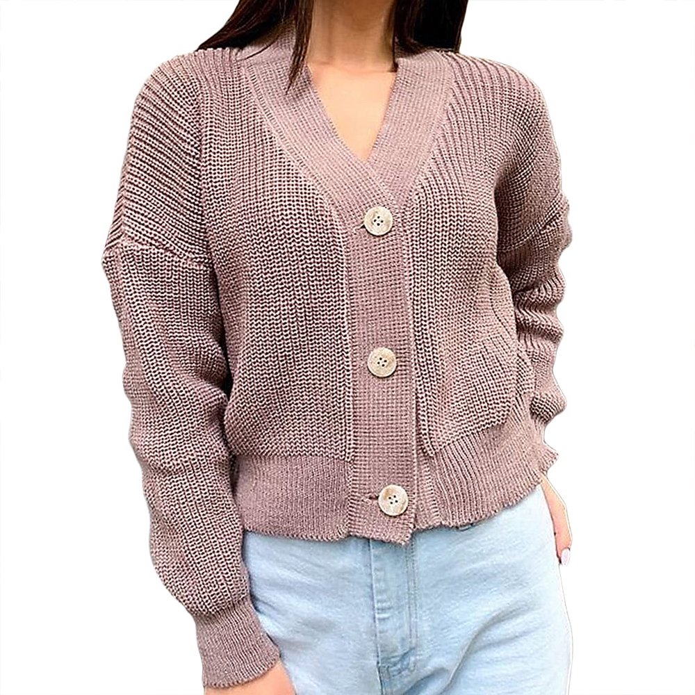 JEsilunmaMY Women's Button Cardigan Sweater Long Sleeve V Neck Open Front Loose Outwear Solid Color Cropped Knit Sweaters (Red,Medium)