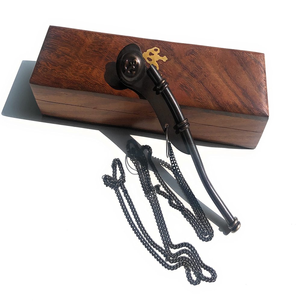 REDSKY TRADER Brass Bosun's Whistle with Chain Antique & Hardwood Anchor Inlaid Box - Black Antique Finish