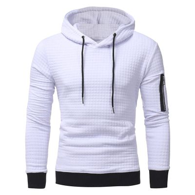 Maiyifu-GJ Men Plaid Jacquard Pullover Hoodies Lightweight Long Sleeve Hooded Sweatshirt Drawstring Hoodie with Kanga Pocket (White,Medium)