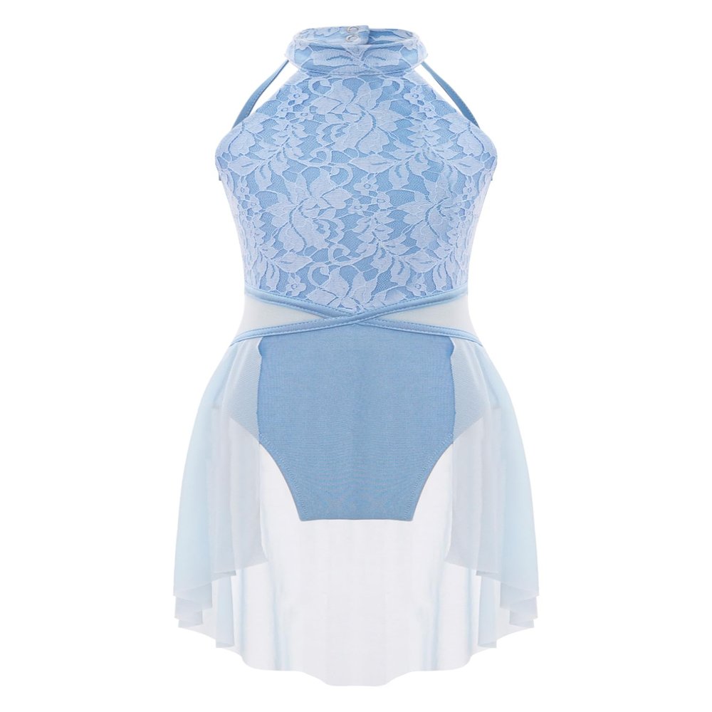 Agoky Girls Lyrical Dance Dress Sleeveless Cutout Ballet Modern Contemporary Dance Costume Gymnastic Skirt Leotard Light Blue 10 Years