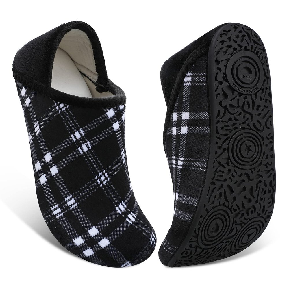 Fires Womens Mens Slippers with Rubber Sole Soft-Lightweight House Slipper Socks Around House Shoes Non Slip Indoor/Outdoor, Blackgrid, 7-7.5 Women/5.5-6 Men