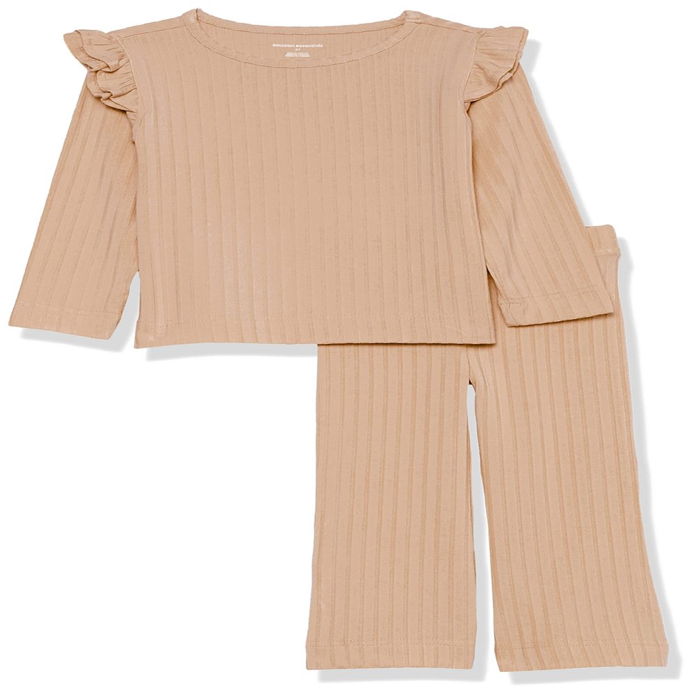 Amazon Essentials Toddler Girls' Wide-Rib Ruffle Outfit Set, Pack of 2, Light Brown, 3T