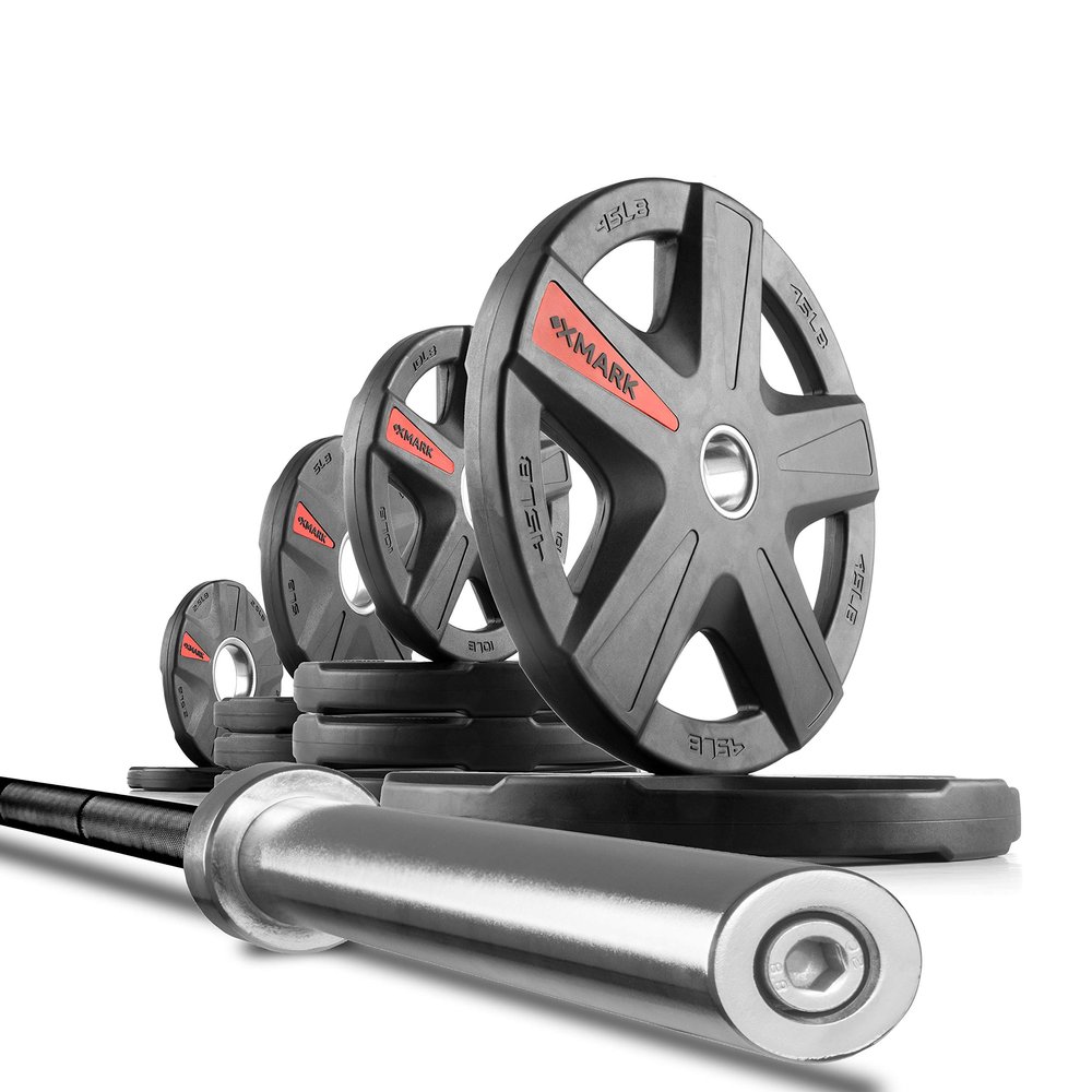 XMark Texas Star Olympic Weight Set With Bar, Black Shaft Barbell With Chrome Sleeves, and 155 lb. Weight Plate Set