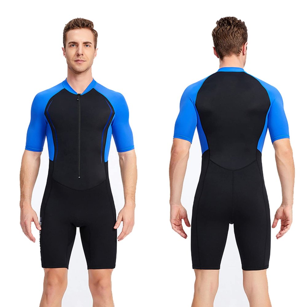 PRELGOSP Shortie Wetsuit Ladies Mens 1.5mm Front Zip Neoprene Wetsuits One Piece Short Sleeve Wet Suit Swimwear Warm Diving Snorkeling Surfing,Men Blue,M