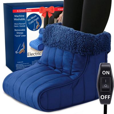 Thermee Micro Flannel Heated Foot Warmer, Sherpa Fleece, 2-Hour Safety Shut-Off, Electric Foot Heater for Women & Men, Foot Warmers for Feet, Heated Slippers, Under Desk Foot Warmer-Sapphire