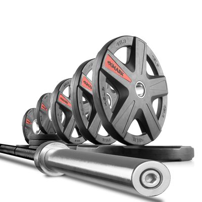 XMark Texas Star Olympic Weight Set With Bar, Black Shaft Barbell With Chrome Sleeves, and 185 lb. Weight Plate Set