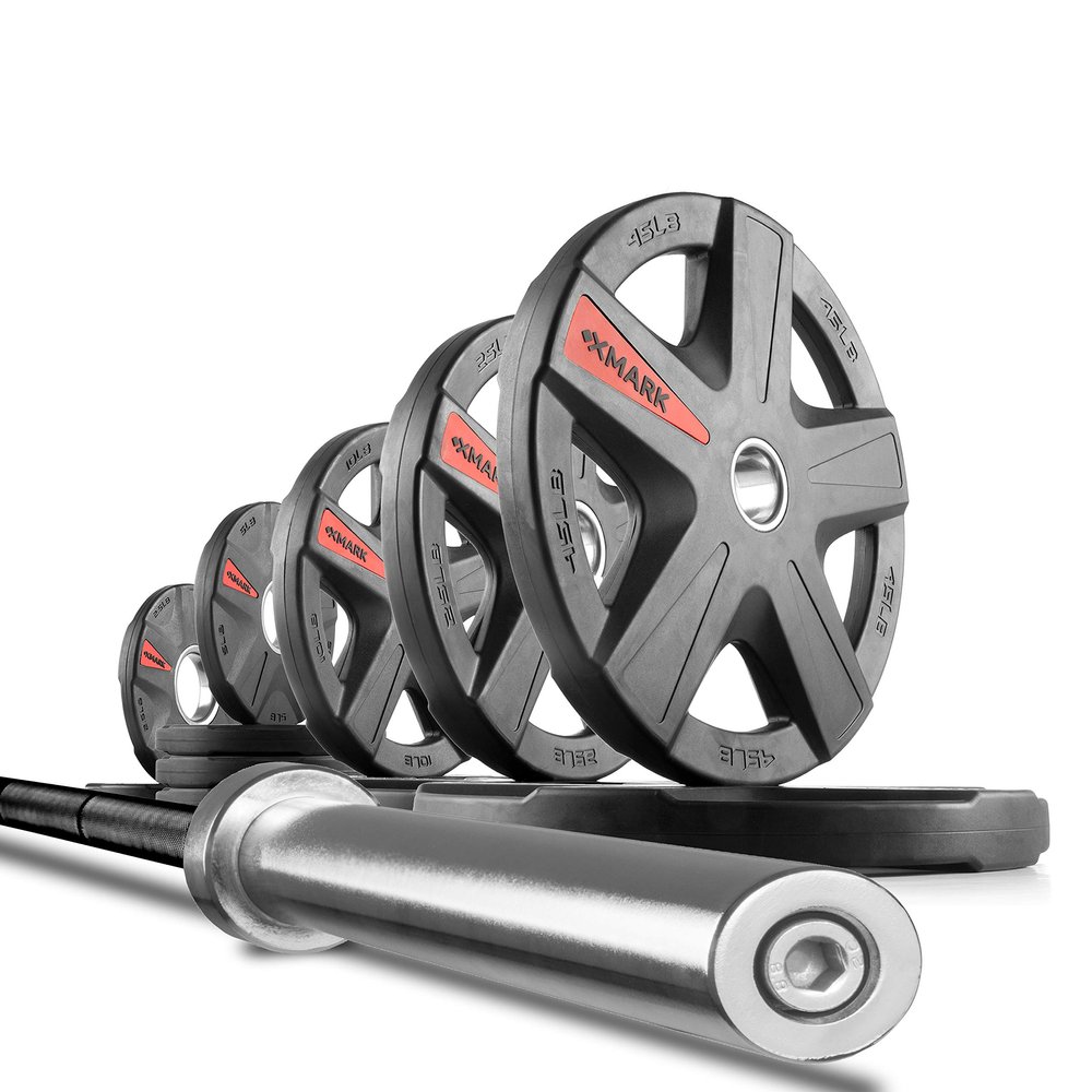 XMark Texas Star Olympic Weight Set With Bar, Black Shaft Barbell With Chrome Sleeves, and 185 lb. Weight Plate Set