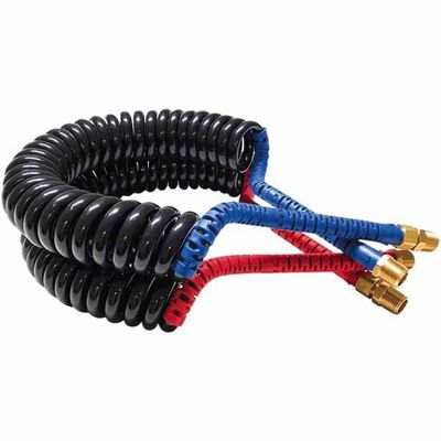 15 Foot Kink-Repairing 70MM Diameter Air Brake Coiled Hoses with 4 Inch Blue and Red Grips - Pair