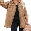 Vetinee Women's Women Jackets Oversized Boyfriend Almond Brown Front Button Up Frayed Raw Hem Long Sleeve Pockets Denim Jean Jacket Shacket Small Size 4 Size 6 view 4
