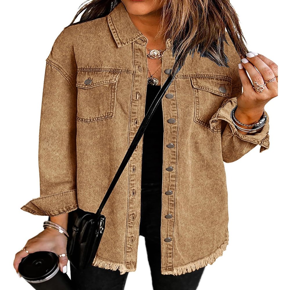 Vetinee Women's Oversized Boyfriend Denim Jean Jacket with Buttons and Raw Hem Pockets, Size 12-14