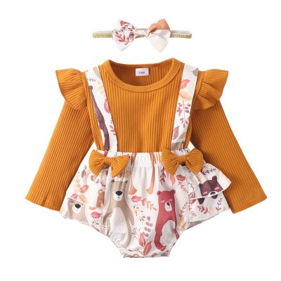 Infant Girls Long Sleeve Ribbed Tops Bodysuits Cartoon Print Bow Romper Skirt Headbands Girls' (Brown, 6-9 Months)