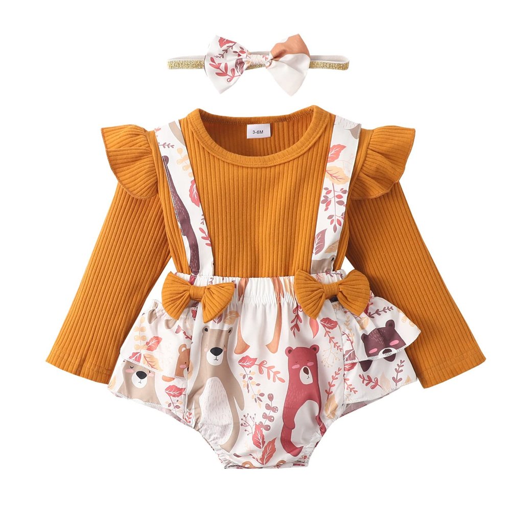 Infant Girls Long Sleeve Ribbed Tops Bodysuits Cartoon Print Bow Romper Skirt Headbands Girls' (Brown, 6-9 Months)