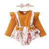 Infant Girls Long Sleeve Ribbed Tops Bodysuits Cartoon Print Bow Romper Skirt Headbands Girls' (Brown, 6-9 Months) view 1