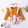 Infant Girls Long Sleeve Ribbed Tops Bodysuits Cartoon Print Bow Romper Skirt Headbands Girls' (Brown, 6-9 Months) view 2