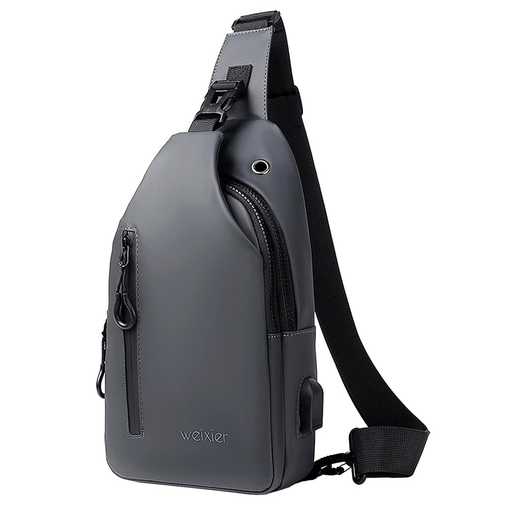 Hjkiopc Waterproof Sling Bags Mens Anti-theft Shoulder Crossbody Backpack with USB Charging Port& Headphone,Outdoor Lightweight Bag (Grey)