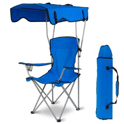 iMounTEK Camp Chair Foldable Canopy Camp Chair with Shade Sun Protection Camping Recliner with Carry Bag Support 330LBS Load Folding Seat with Cup Holder for Fishing/Beach/Travel/Picnic(Blue)
