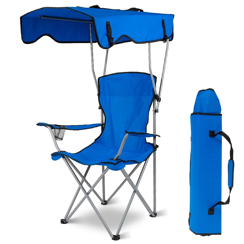 iMounTEK Camp Chair Foldable Canopy Camp Chair with Shade Sun Protection Camping Recliner with Carry Bag Support 330LBS Load Folding Seat with Cup Holder for Fishing/Beach/Travel/Picnic(Blue)