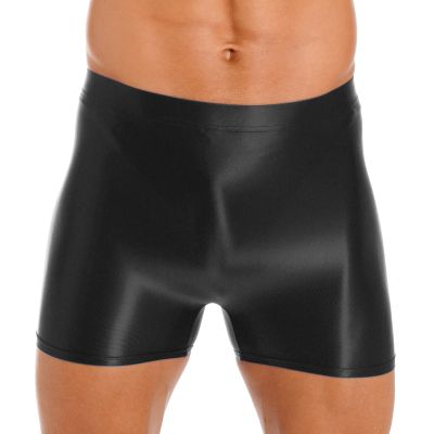 CHICTRY Mens Glossy Mid Waist Boxer Shorts Short Leggings Yoga Sportswear Swimwear Sleepwear Black Large