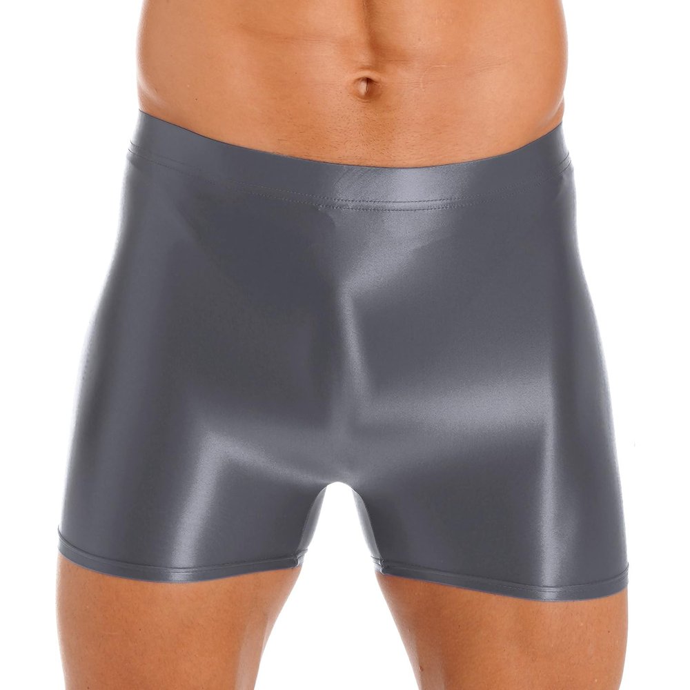 CHICTRY Mens Glossy Mid Waist Boxer Shorts Short Leggings Yoga Sportswear Swimwear Sleepwear Grey Large