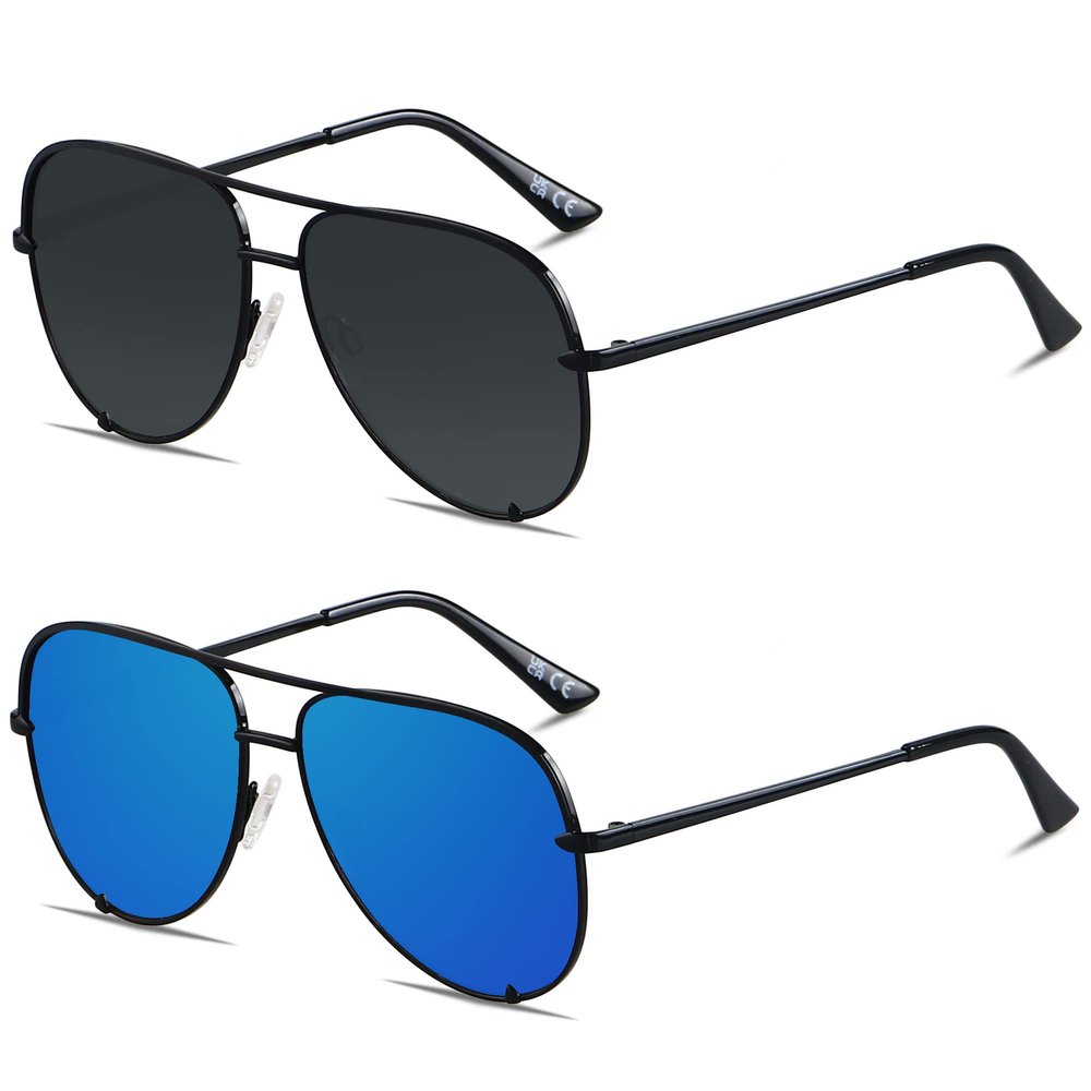 ANDWOOD Oversized Aviator Sunglasses for Women Big Large UV Protection Fashion Sun glasses UV Protection Black Mirrored Blue Shades