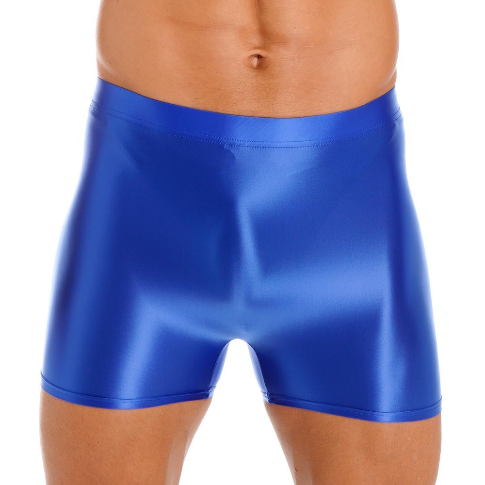 CHICTRY Mens Glossy Mid Waist Boxer Shorts Short Leggings Yoga Sportswear Swimwear Sleepwear Blue Large
