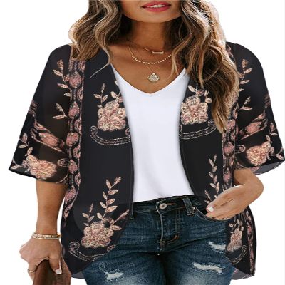Kimono Cardigans Floral Womens Tops Dressy Casual Spring Cover ups Chiffon Open Front Shirts (BlackLace,3XL)