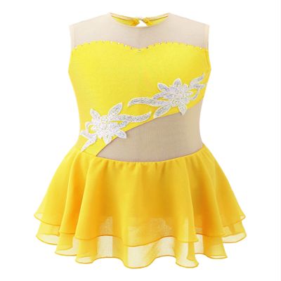 FEESHOW Big Kids Girls Sleeveless Shiny Rhinestone Figure Ice Skating Dress Ballerina Gym Leotard Dancewear Costume Yellow 14 Years