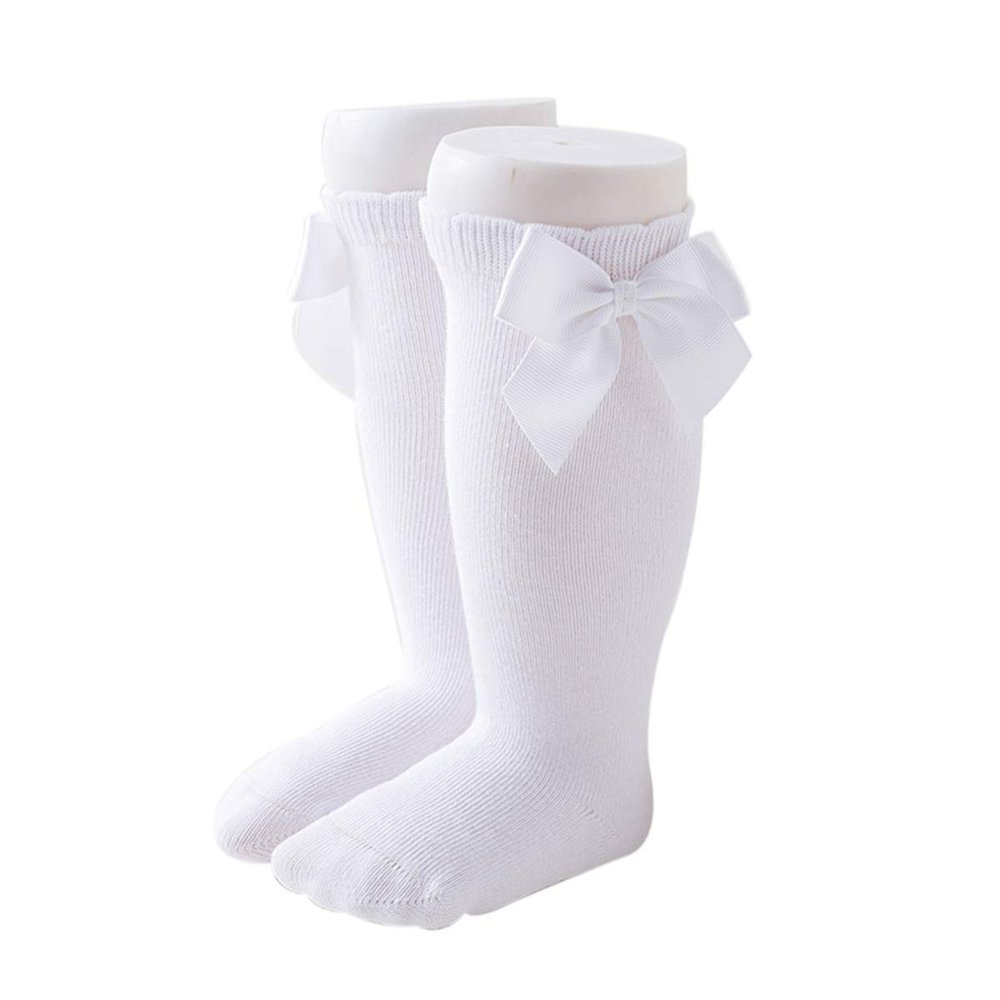 BULINGNA Toddler Infant Baby Girl Princess Bowknot Stockings Solid Color Ruffled Knee High Socks Tube School Uniform Leggings (White, 2-3T)
