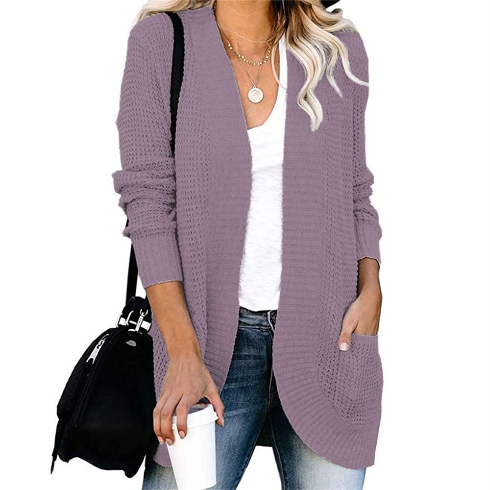 JEsilunmaMY Women's Long Sleeve Draped Cardigan Loose Casual Open Front Knit Sweater Solid Color Chunky Outwear with Pockets (Purple,Large)