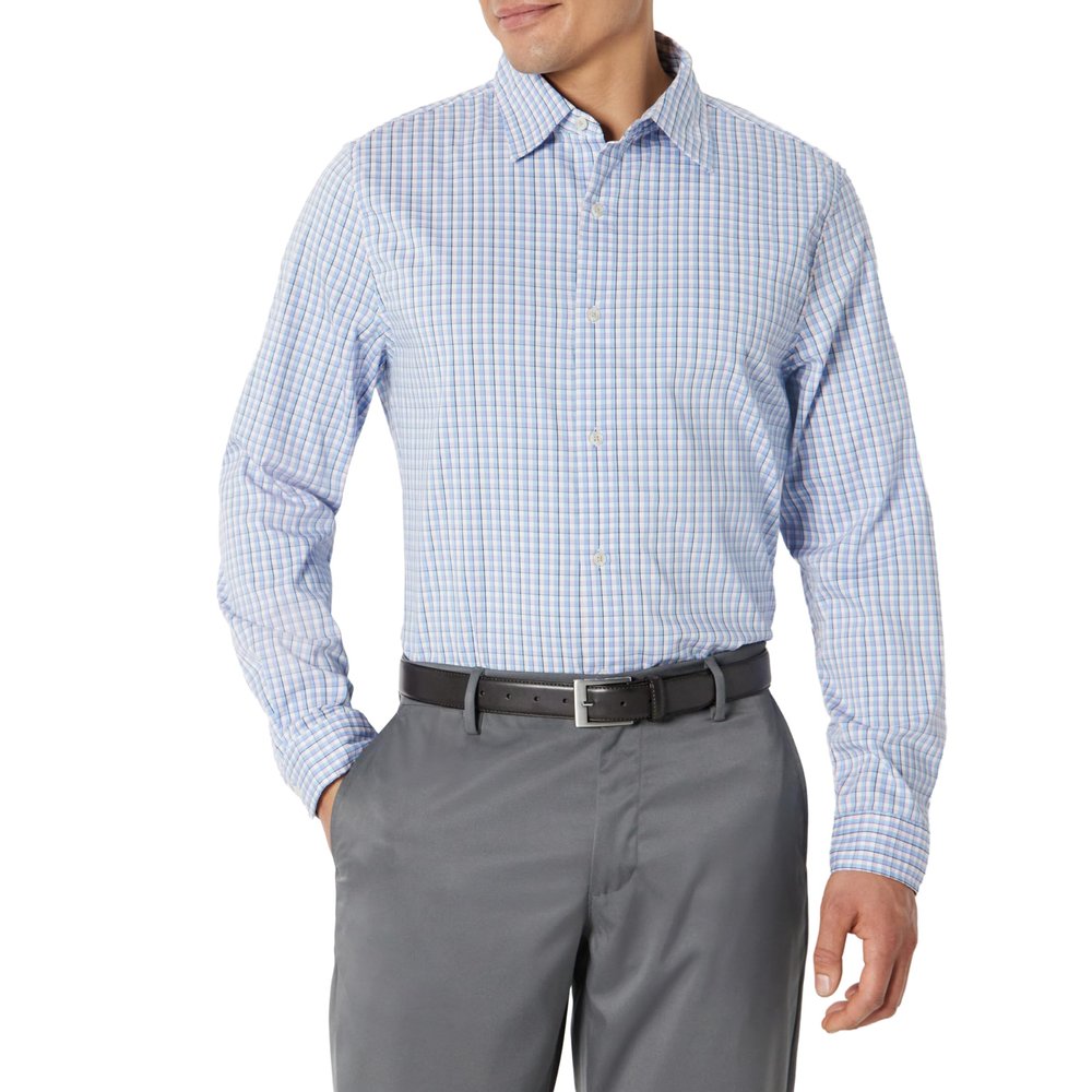 Amazon Essentials Men's Slim Fit Long Sleeve Wrinkle Resistant Stretch Dress Shirt, White Grid Check, Large