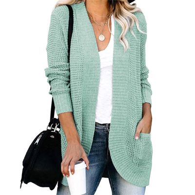 JEsilunmaMY Women's Long Sleeve Draped Cardigan Loose Casual Open Front Knit Sweater Solid Color Chunky Outwear with Pockets (Green,3X-Large)