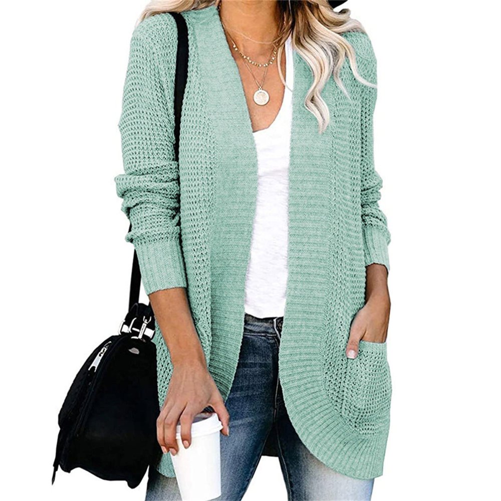JEsilunmaMY Women's Long Sleeve Draped Cardigan Loose Casual Open Front Knit Sweater Solid Color Chunky Outwear with Pockets (Green,3X-Large)