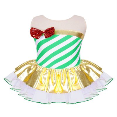 Hansber Dance Leotard Dress for Girls Mrs Santa Christmas Costume Mesh Splice Candy Cane Ice Skating Tutu Green 8 Years