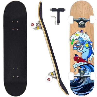 CAPARK Skateboards for Beginners Adults Youths Teens Kids Girls Boys 31 Inch Pro Complete Skate Boards 7 Layer Canadian Maple Double Kick Concave Longboards (Shark)