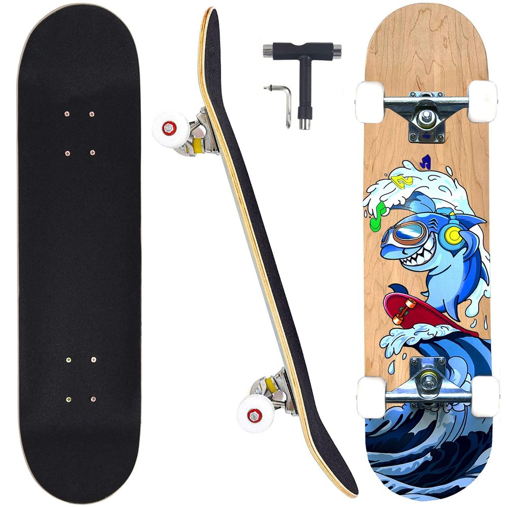 CAPARK Skateboards for Beginners Adults Youths Teens Kids Girls Boys 31 Inch Pro Complete Skate Boards 7 Layer Canadian Maple Double Kick Concave Longboards (Shark)