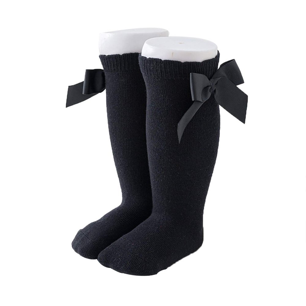 BULINGNA Toddler Infant Baby Girl Princess Bowknot Stockings Solid Color Ruffled Knee High Socks Tube School Uniform Leggings (Black, 3-5T)
