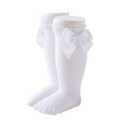 BULINGNA Toddler Infant Baby Girl Princess Bowknot Stockings Solid Color Ruffled Knee High Socks Tube School Uniform Leggings (White, 3-5T)