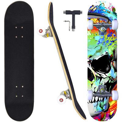 CAPARK Skateboards for Beginners Adults Youths Teens Kids Girls Boys 31 Inch Pro Complete Skate Boards 7 Layer Canadian Maple Double Kick Concave Longboards (Colorful Skull)
