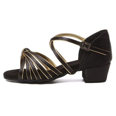 JUODVMP Girl's Latin Dance Shoes Black+Gold Satin Low Heel 1.1" Ballroom Salsa Dance Practice Performance Shoes,Model 203,12 M US Little Kid