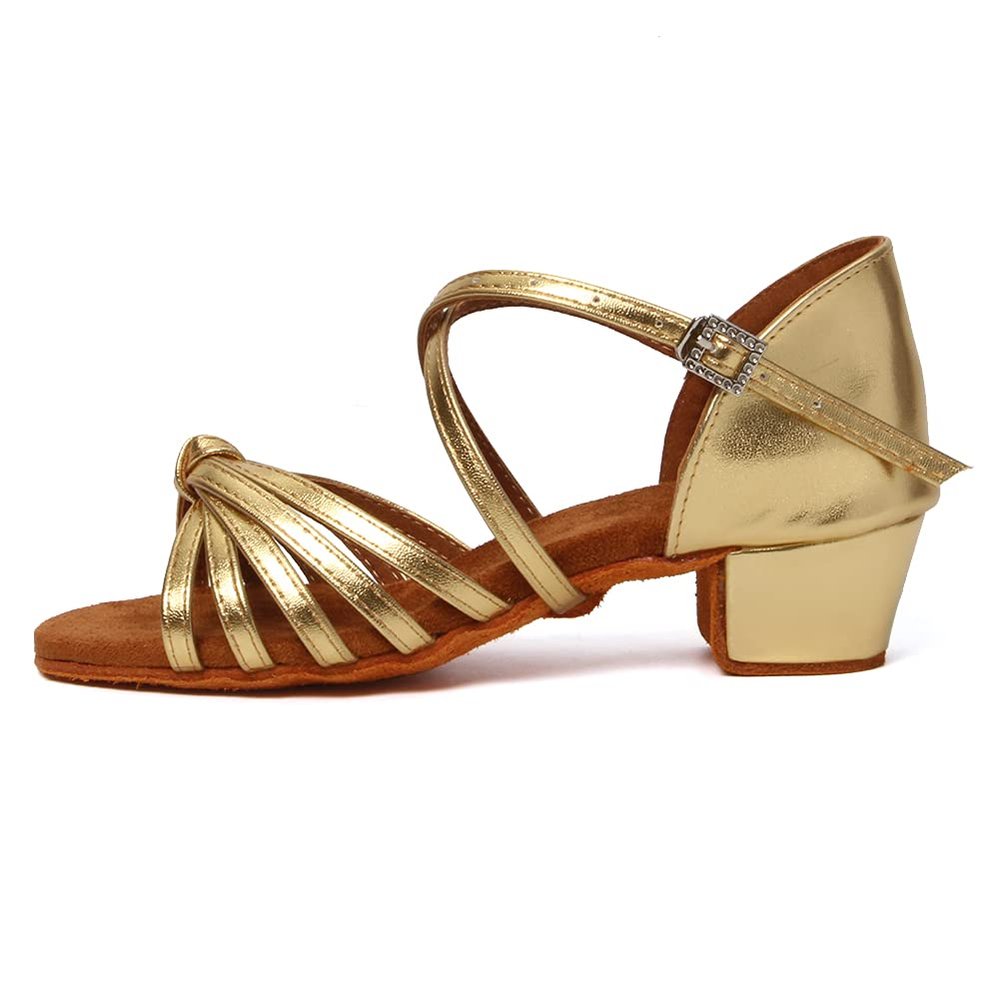 JUODVMP Girl's Latin Dance Shoes Gold Pu Leather Low Heel 1.1" Ballroom Salsa Dance Practice Performance Shoes,Model 203,13 M US Little Kid