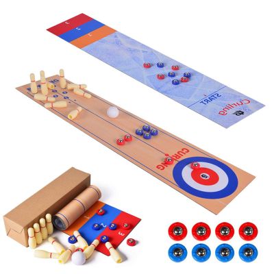 GUANGLU 3 in 1 Table Shuffleboard - Curling and Bowling Set, Portable and Foldable Family Game for Adults and Kids Indoors and Outdoors