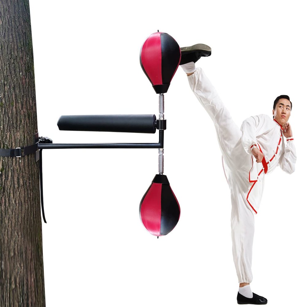 Wing Chun Dummy, Portable Martial Boxing Spinning Bar, 2 Speed Balls Trainer, Adjustable Height 360 Spinning Reflex Bar, Suitable for Training Tied to Trees or Hard Objects